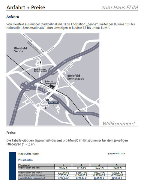 Anfahrt und Preisliste der Pflegeeinrichtung Elim MeH Bethel in Bielefeld